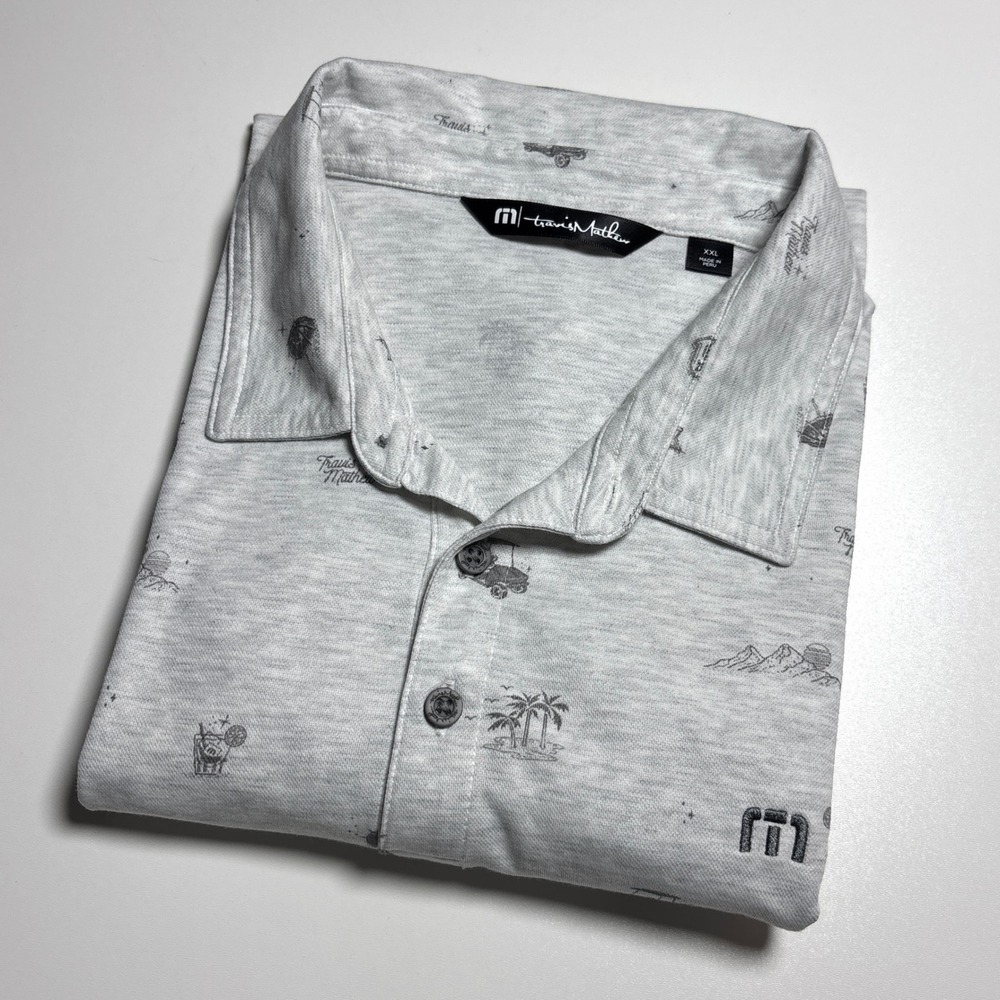 Travis Mathew Golf all over‎ Print Polo Gray  Mens XXL Pima Cotton Blend Shirt - Picture 2 of 8